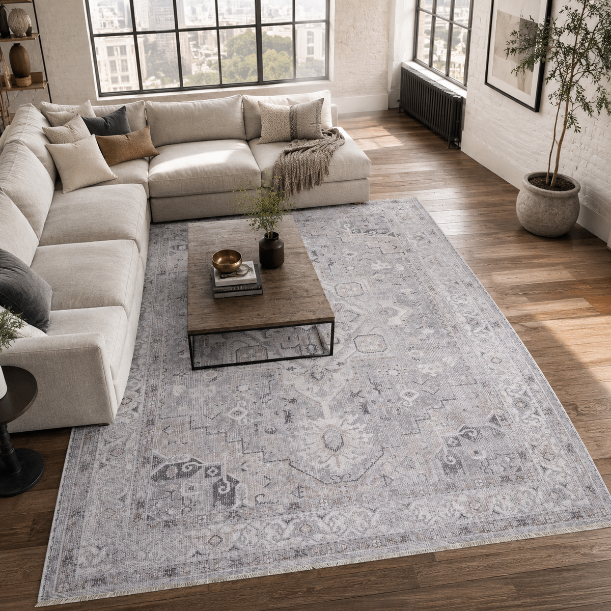 Tapis Ethnique Vintage Gris Lavable Yasmine, vue 9