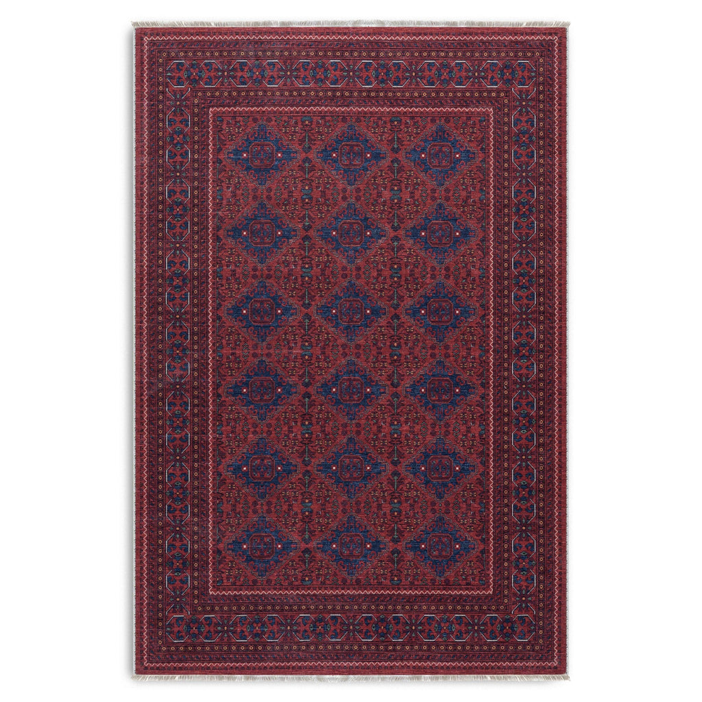 Détail du motif du tapis ethnique vintage bordeaux lavable Acacia
