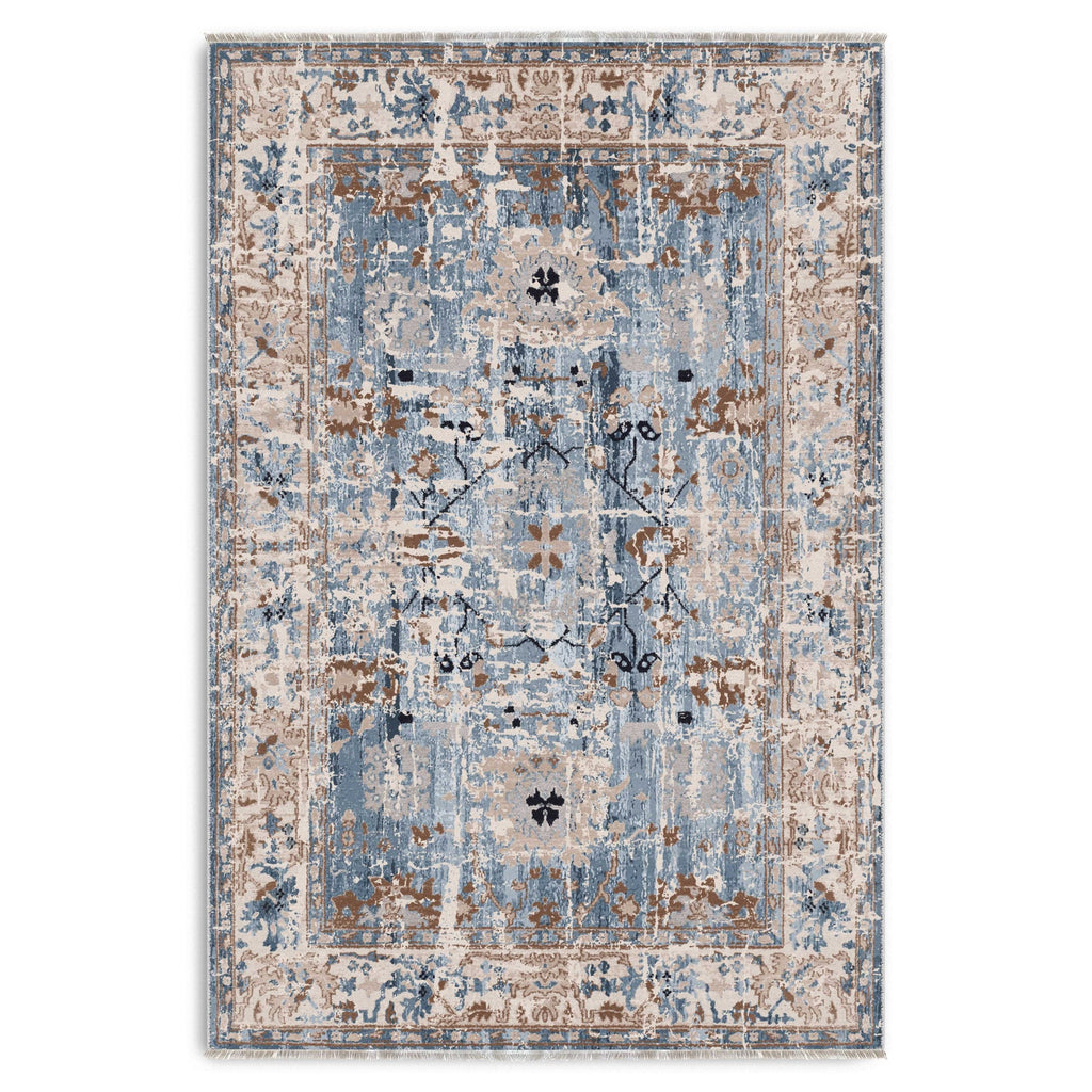 Détail du motif du tapis ethnique vintage bleu marine lavable Amaya