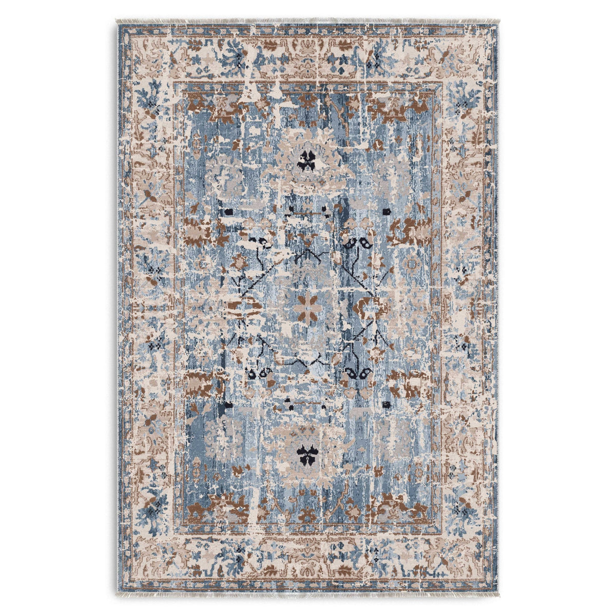 Détail du motif du tapis ethnique vintage bleu marine lavable Amaya