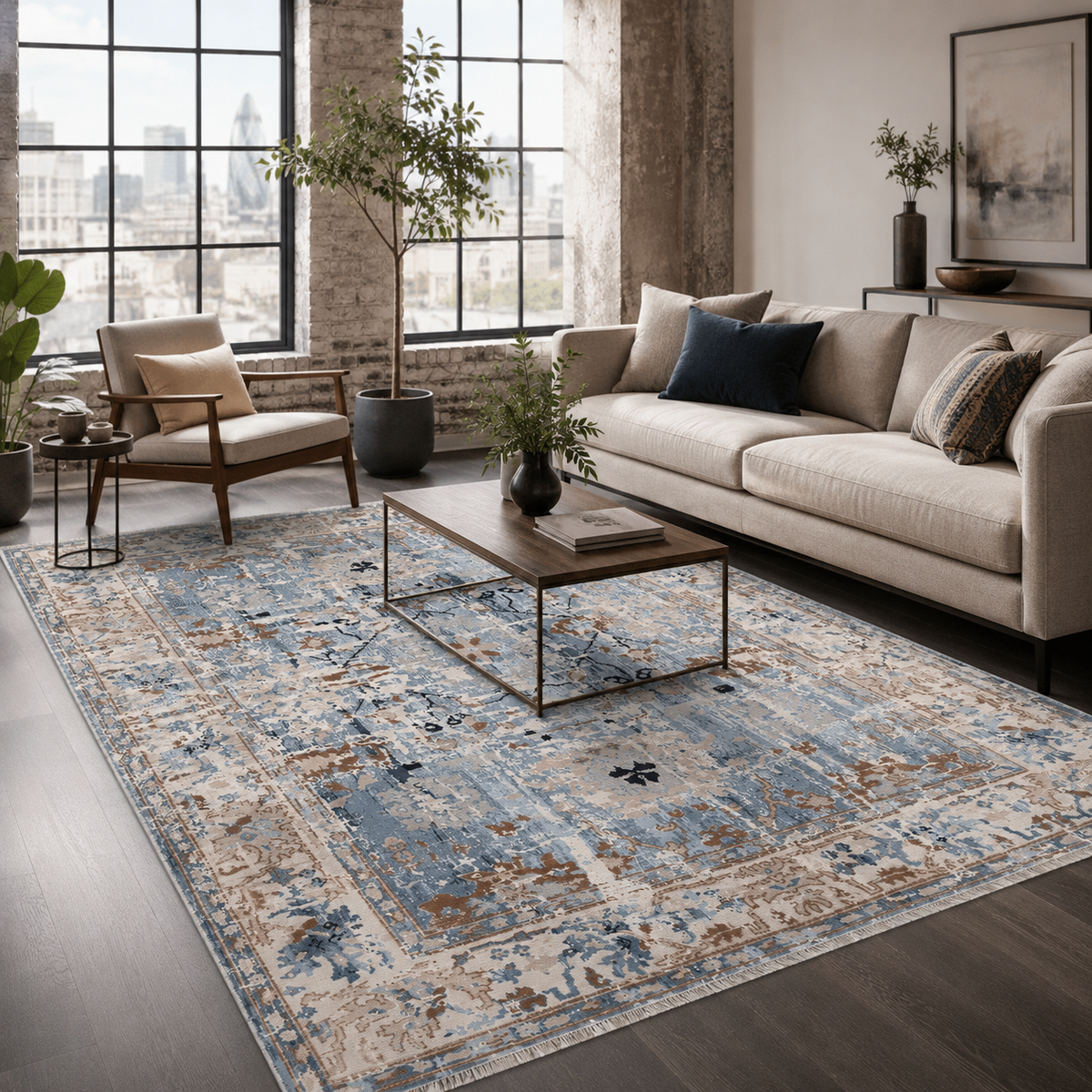 Tapis Ethnique Vintage Bleu Marine Lavable Amaya, vue 3