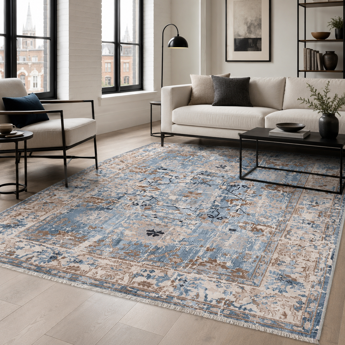 Tapis Ethnique Vintage Bleu Marine Lavable Amaya, vue 4