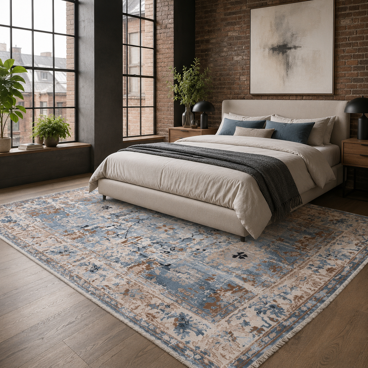 Tapis Ethnique Vintage Bleu Marine Lavable Amaya, vue 5
