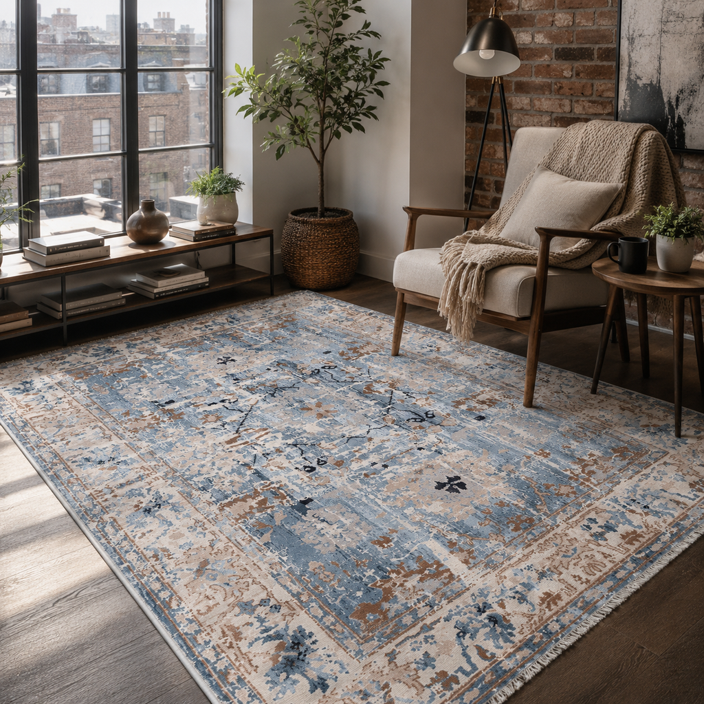 Tapis Ethnique Vintage Bleu Marine Lavable Amaya, vue 8