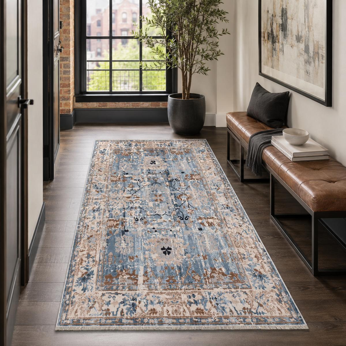Tapis Ethnique Vintage Bleu Marine Lavable Amaya, vue 9
