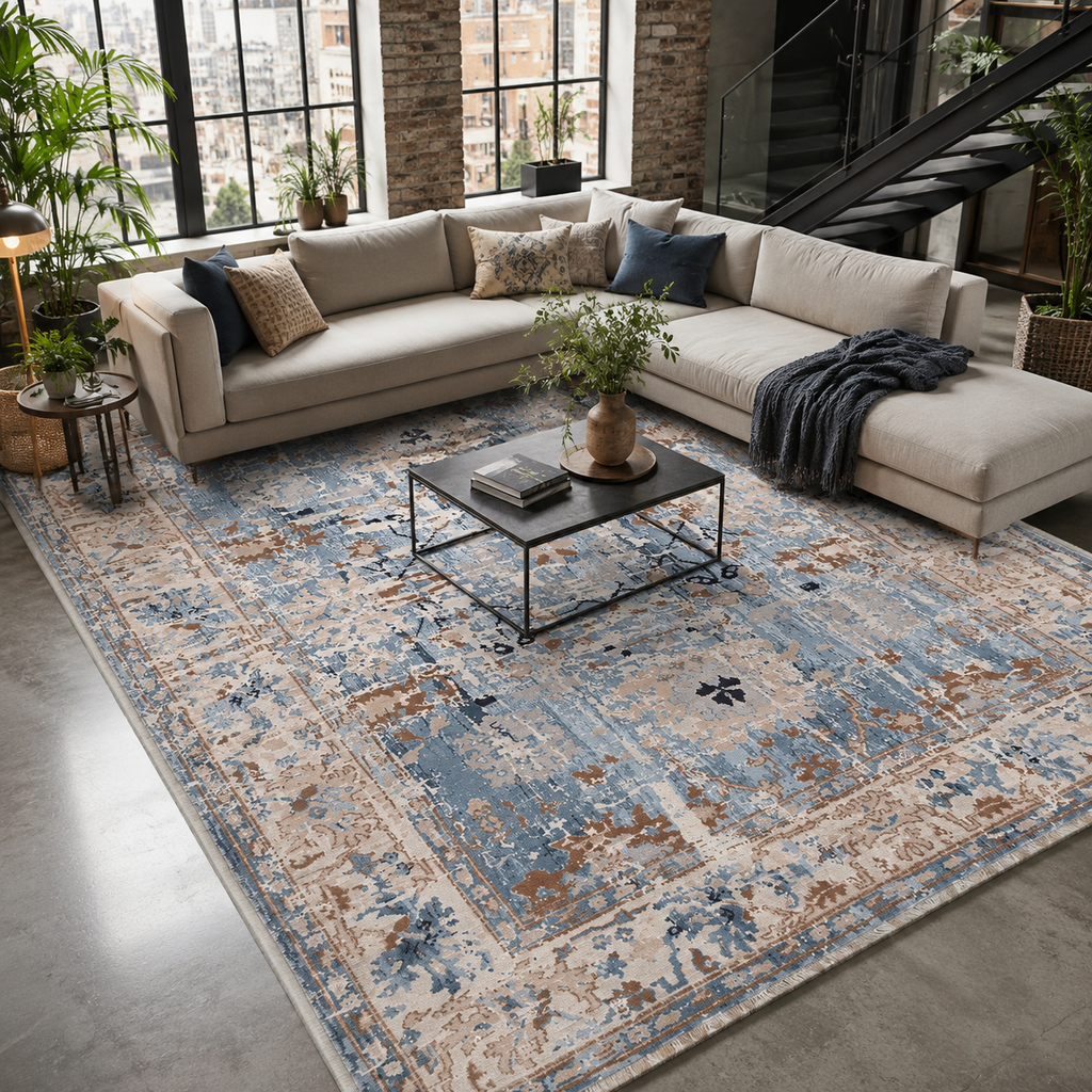 Tapis Ethnique Vintage Bleu Marine Lavable Amaya, vue 10