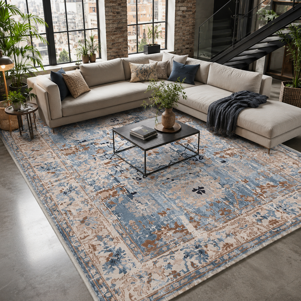 Tapis Ethnique Vintage Bleu Marine Lavable Amaya, vue 10