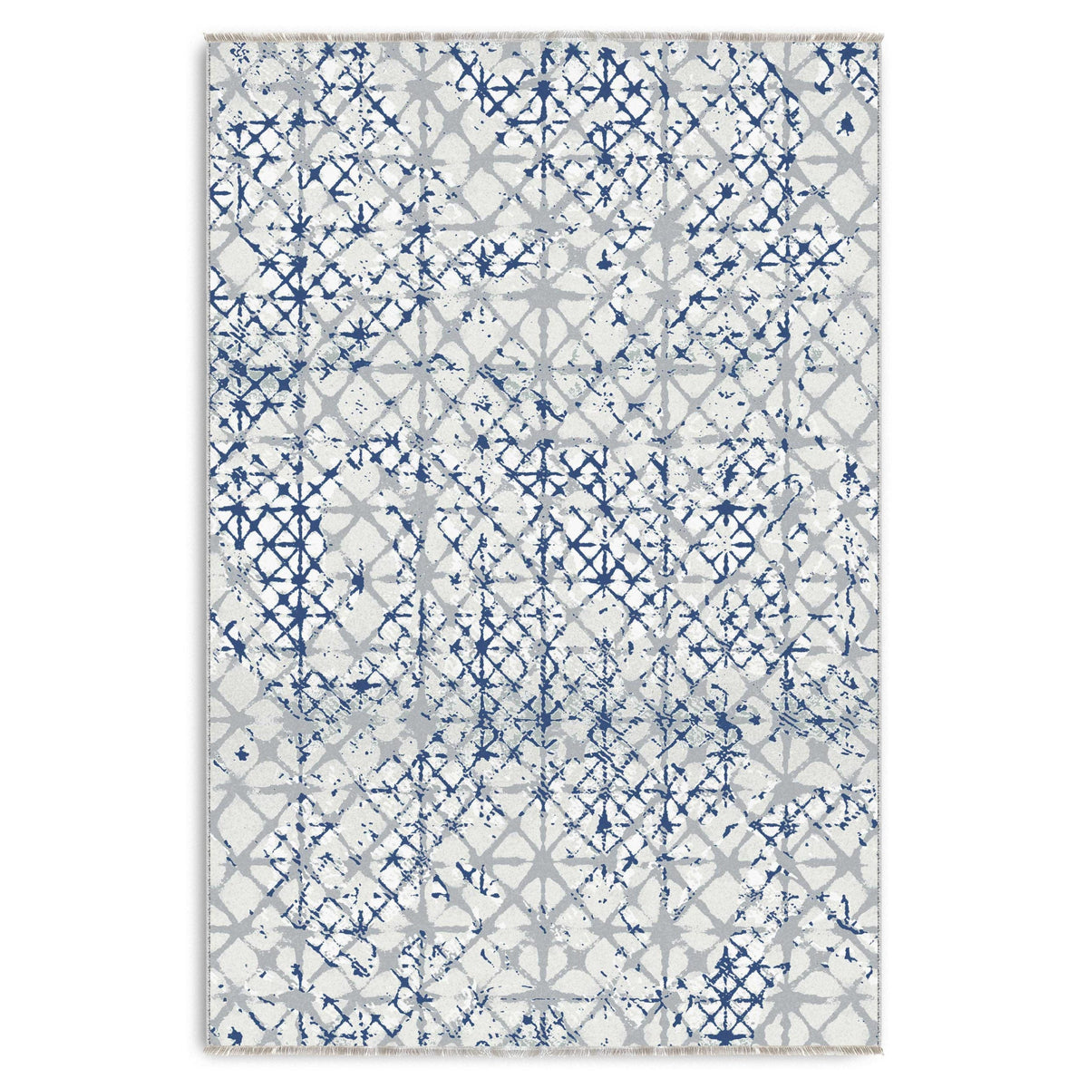 Détail du motif du tapis géométrique moderne bleu marine lavable Salomé