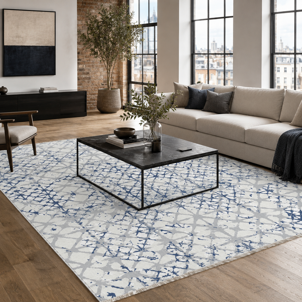Tapis Géométrique Moderne Bleu Marine Lavable Salomé, vue 3