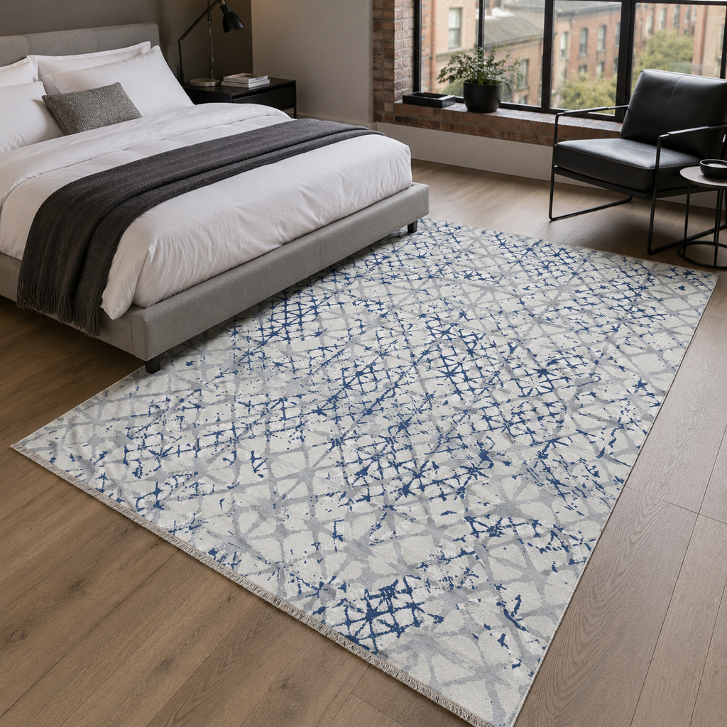 Tapis Géométrique Moderne Bleu Marine Lavable Salomé, vue 4