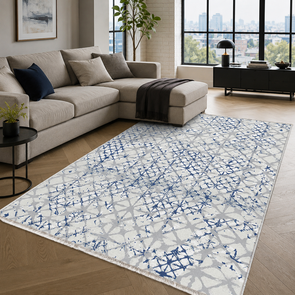 Tapis Géométrique Moderne Bleu Marine Lavable Salomé, vue 5