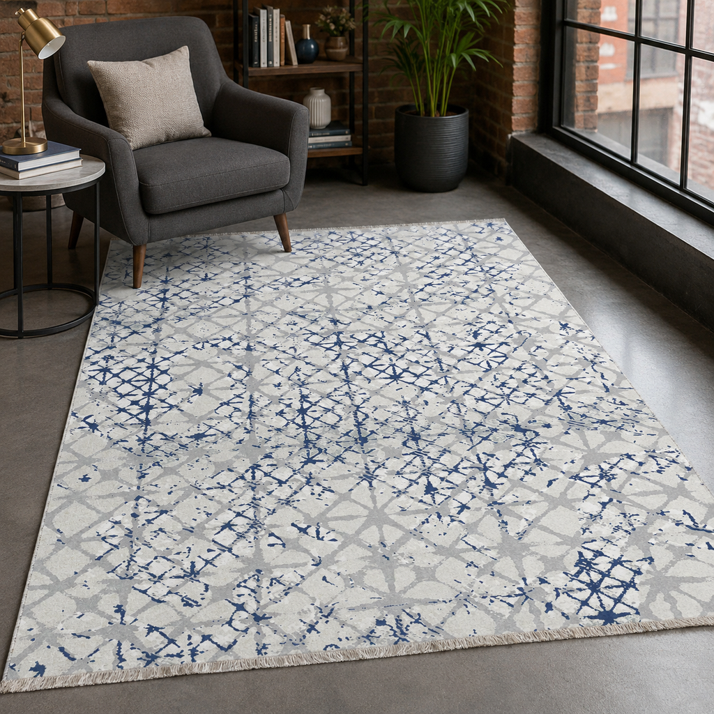 Tapis Géométrique Moderne Bleu Marine Lavable Salomé, vue 6