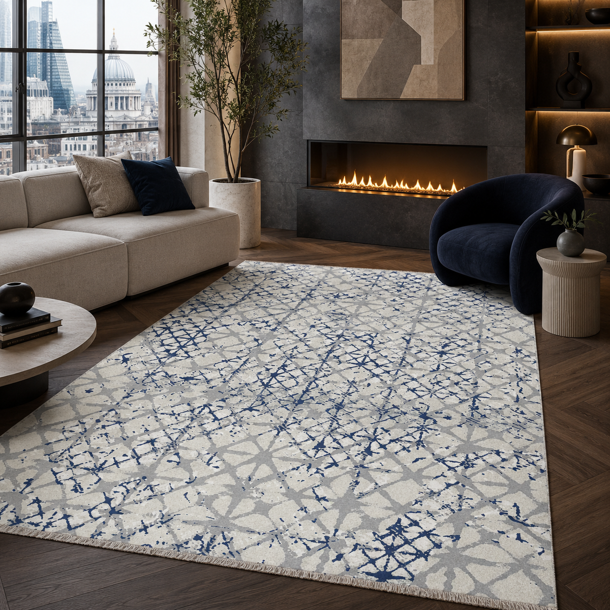 Tapis Géométrique Moderne Bleu Marine Lavable Salomé, vue 8