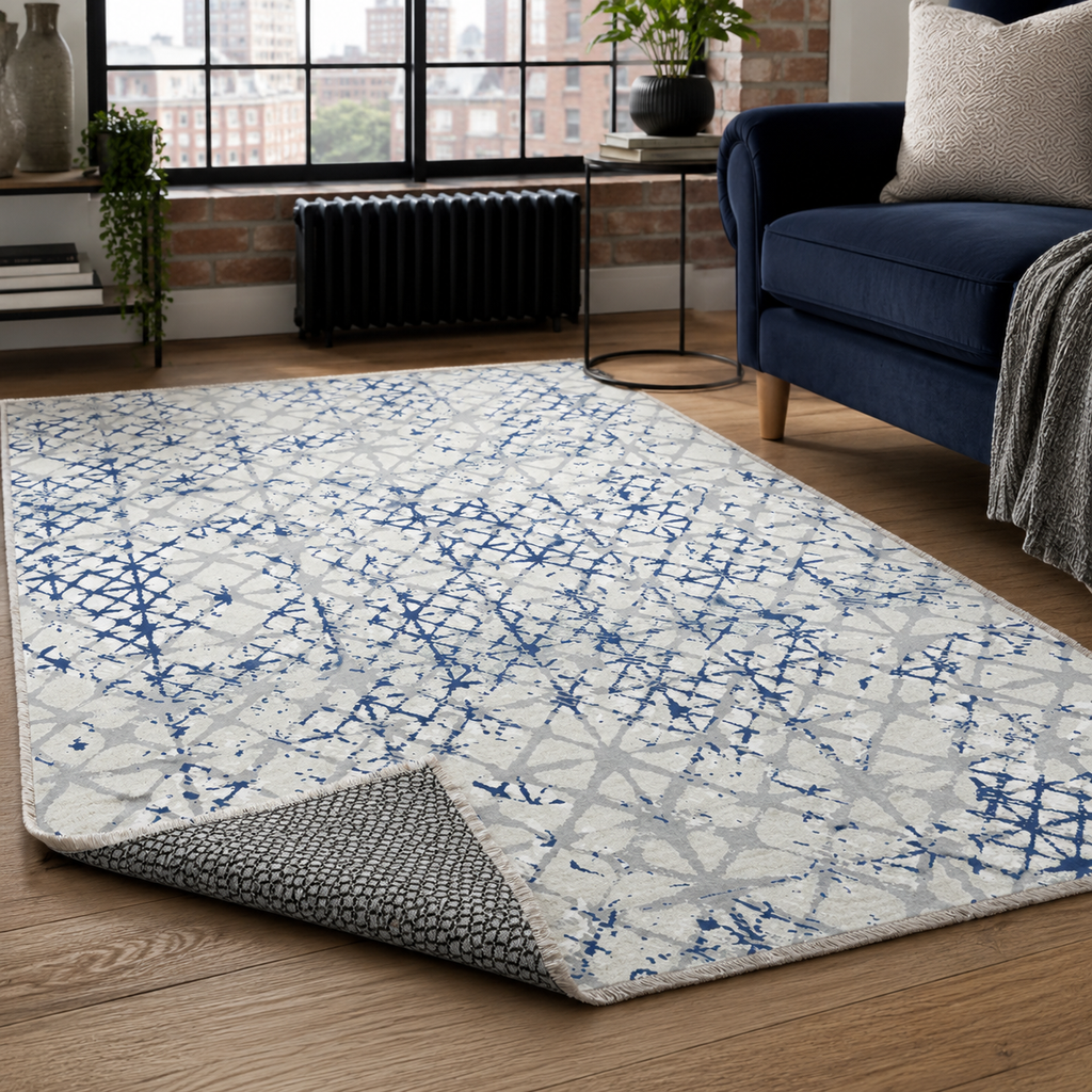 Tapis Géométrique Moderne Bleu Marine Lavable Salomé, vue 10