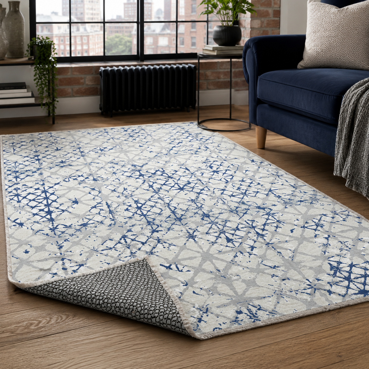 Tapis Géométrique Moderne Bleu Marine Lavable Salomé, vue 10