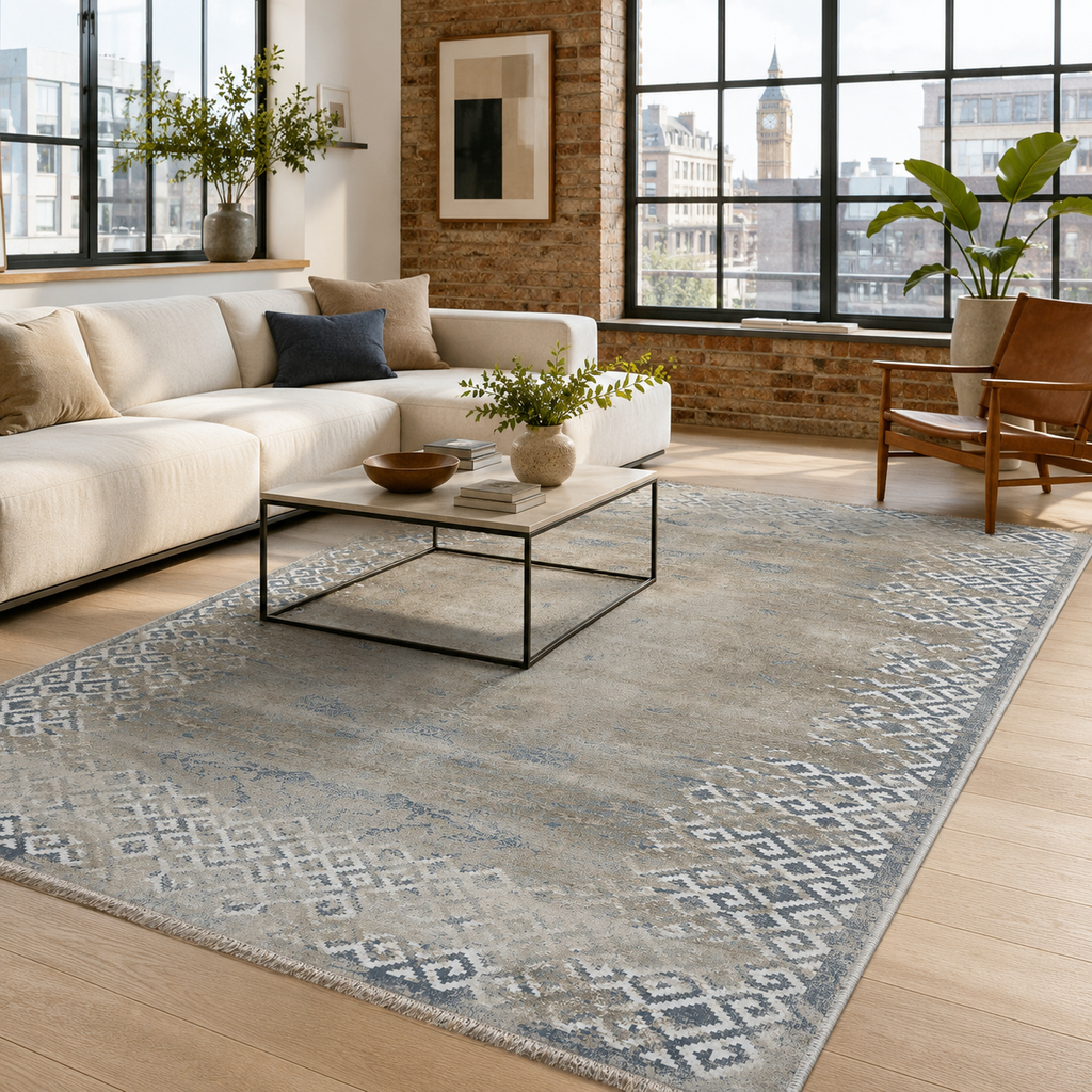 Tapis Géométrique Moderne Bleu Marine Lavable Pia, vue principale