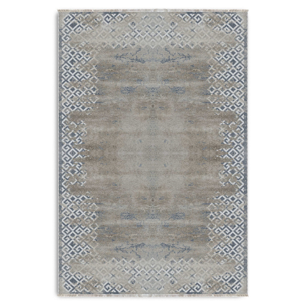 Détail du motif du tapis géométrique moderne bleu marine lavable Pia
