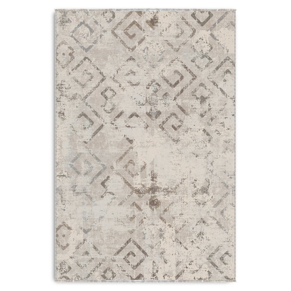 Détail du motif du tapis géométrique vintage bleu marine lavable Thelma