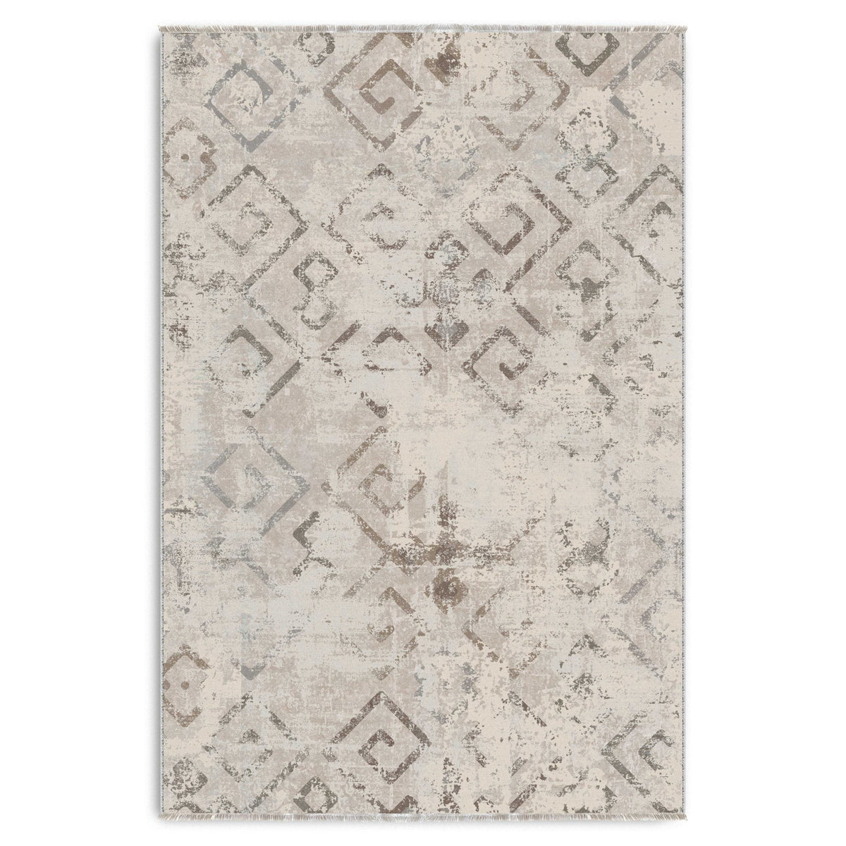 Détail du motif du tapis géométrique vintage bleu marine lavable Thelma