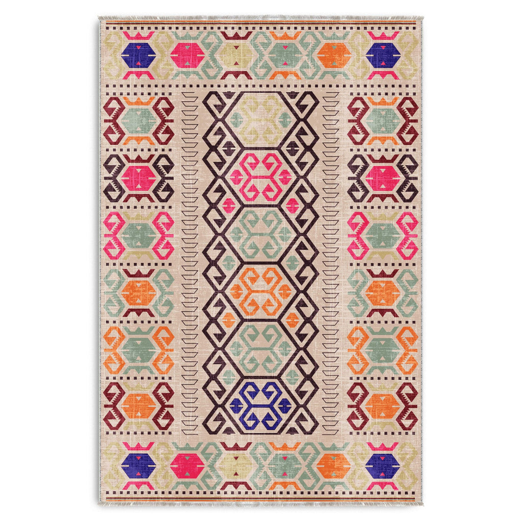 Détail du motif du tapis ethnique bleu marine lavable Yara