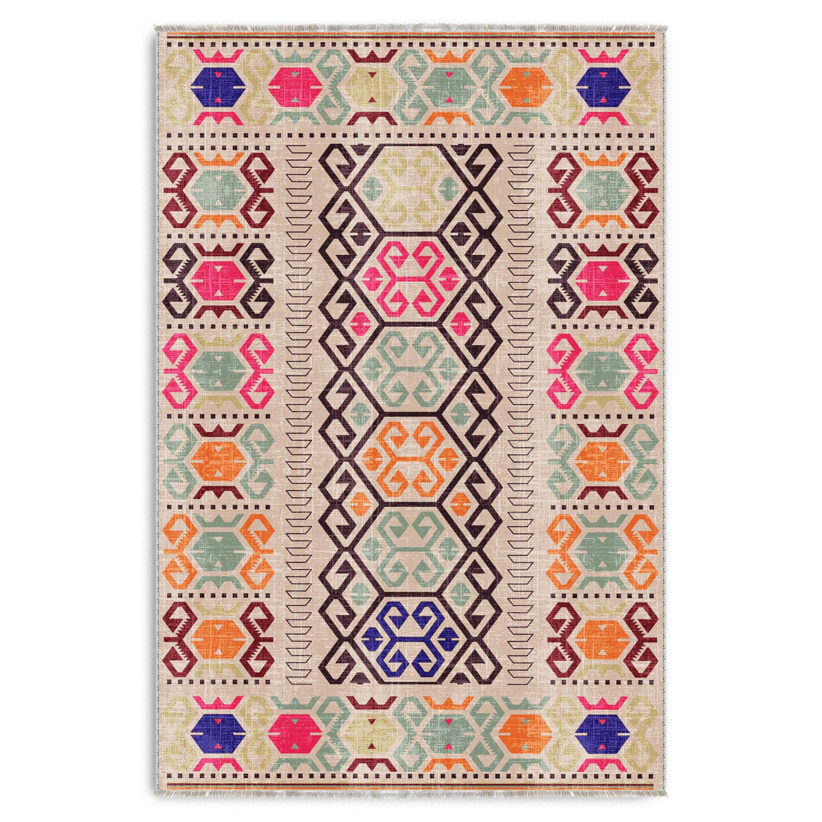 Détail du motif du tapis ethnique bleu marine lavable Yara