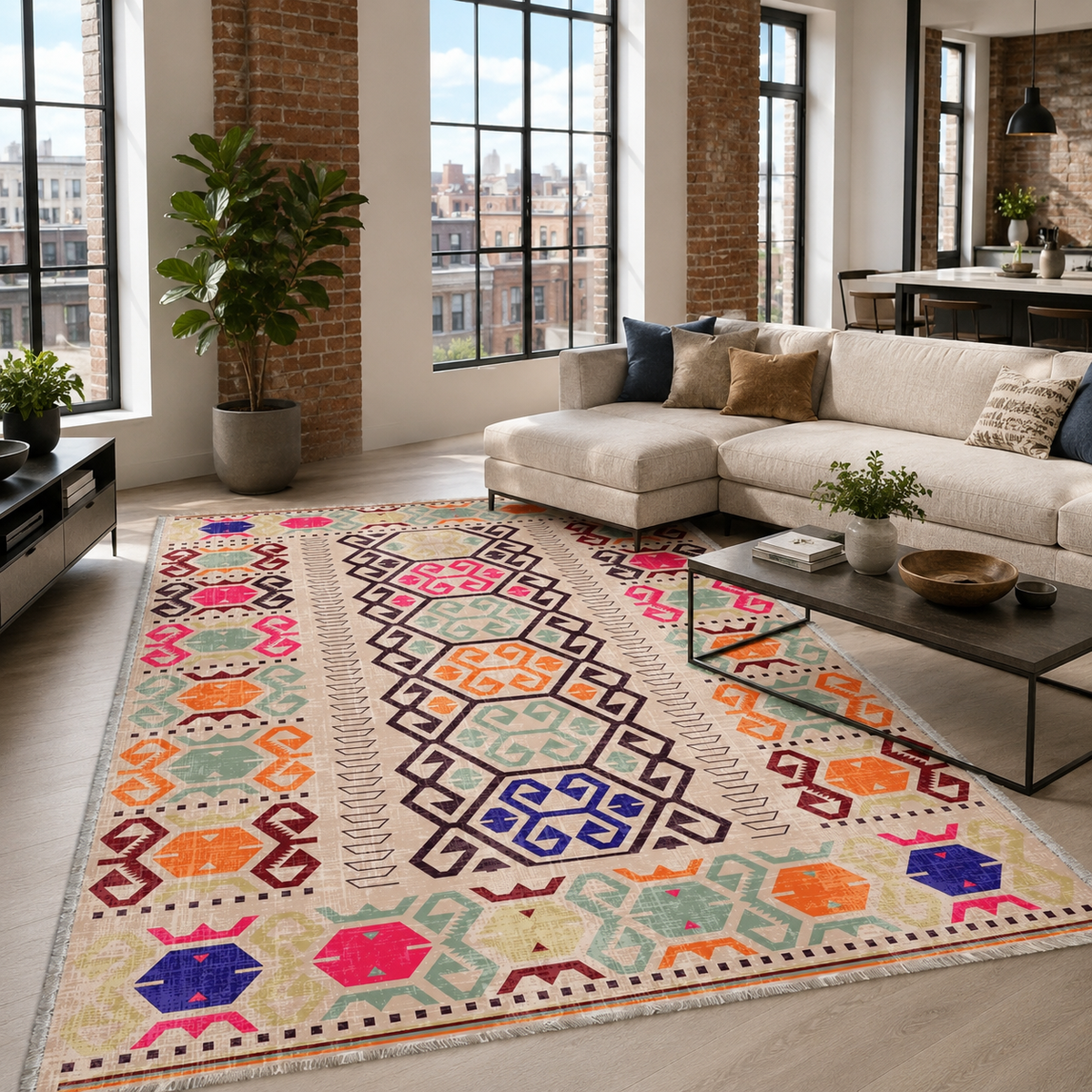 Tapis Ethnique Bleu Marine Lavable Yara, vue 3