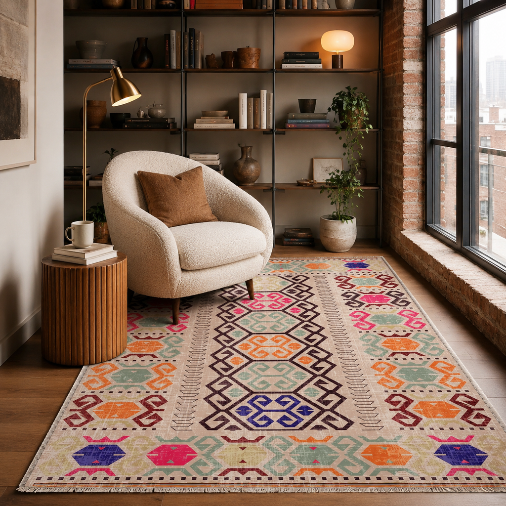 Tapis Ethnique Bleu Marine Lavable Yara, vue 9