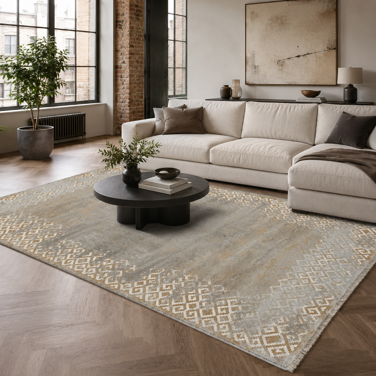 Tapis Géométrique Moderne Gris Lavable Nerina, vue principale