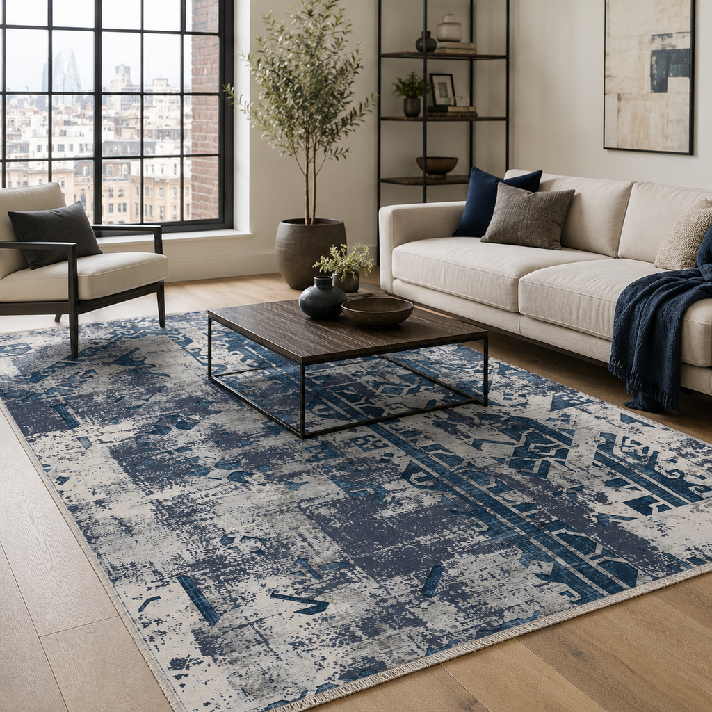 Tapis Géométrique Moderne Bleu Marine Lavable Indira, vue principale