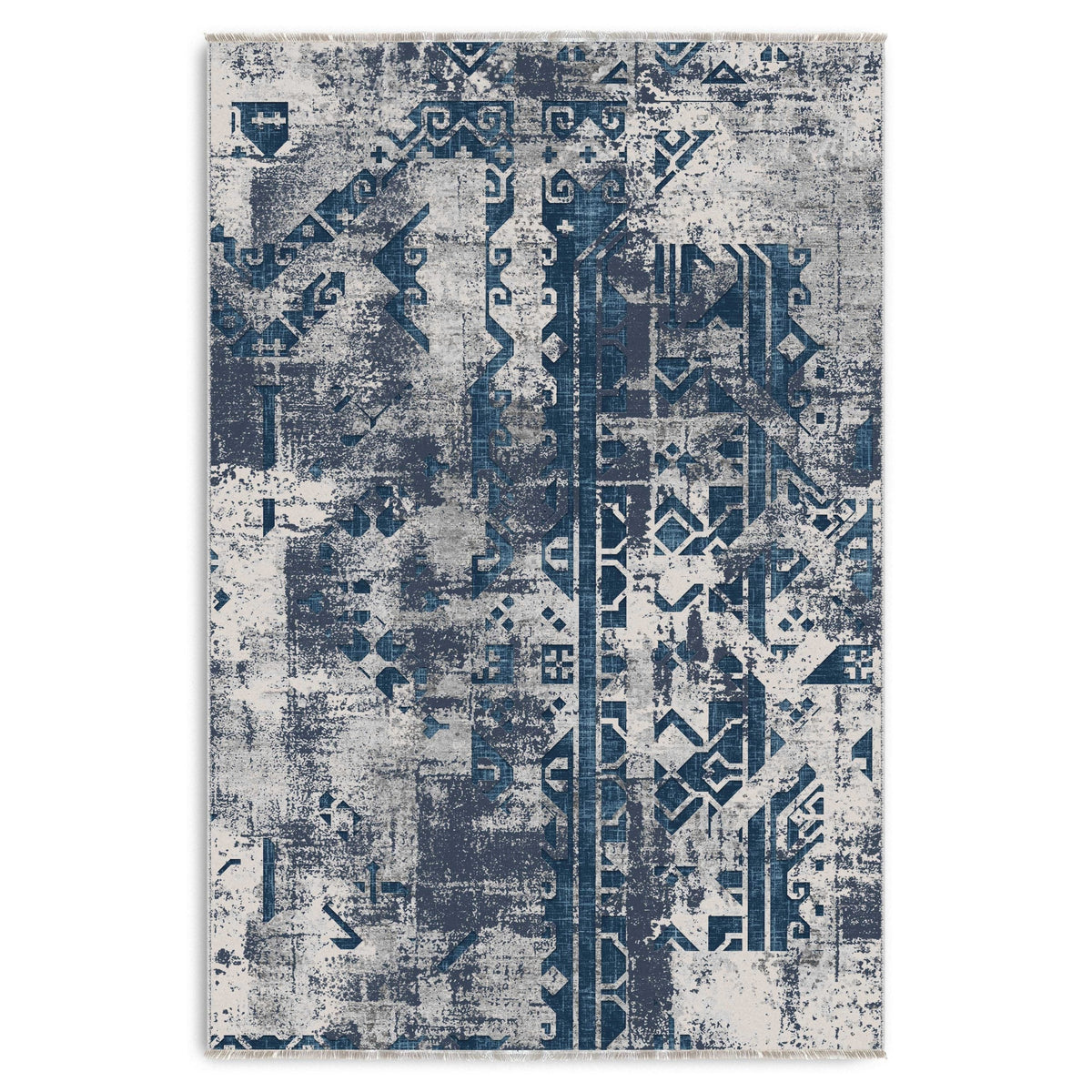 Détail du motif du tapis géométrique moderne bleu marine lavable Indira