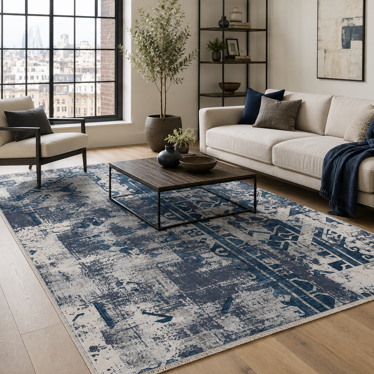 Tapis Géométrique Moderne Bleu Marine Lavable Indira, vue 3