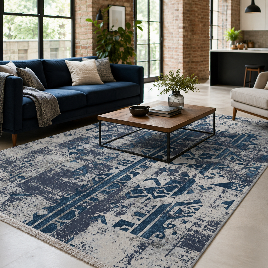 Tapis Géométrique Moderne Bleu Marine Lavable Indira, vue 4