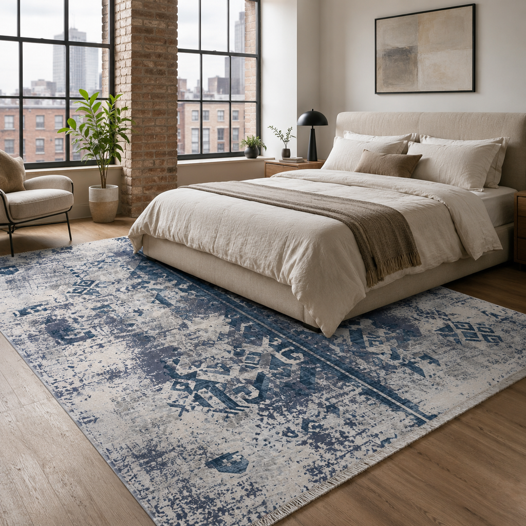 Tapis Géométrique Moderne Bleu Marine Lavable Indira, vue 5