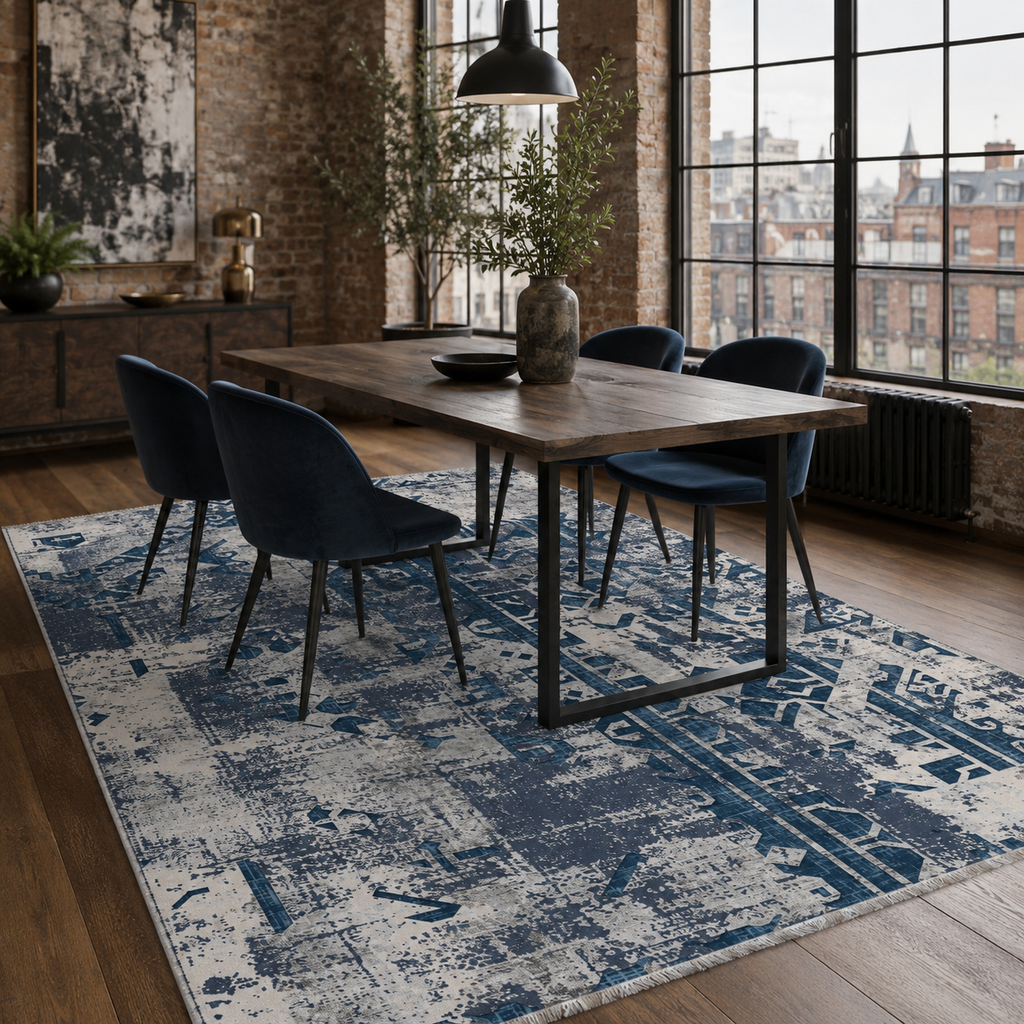 Tapis Géométrique Moderne Bleu Marine Lavable Indira, vue 6