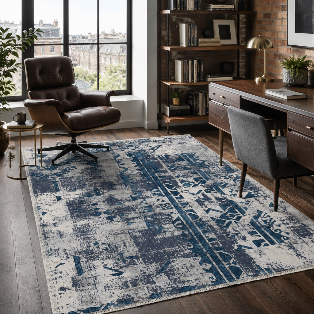 Tapis Géométrique Moderne Bleu Marine Lavable Indira, vue 7