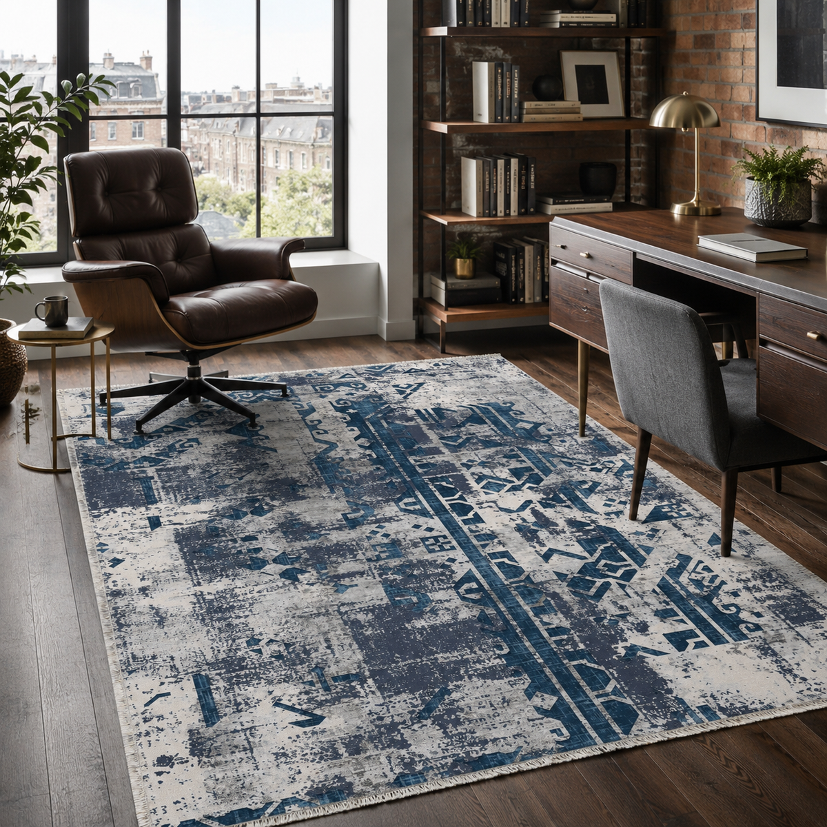 Tapis Géométrique Moderne Bleu Marine Lavable Indira, vue 7