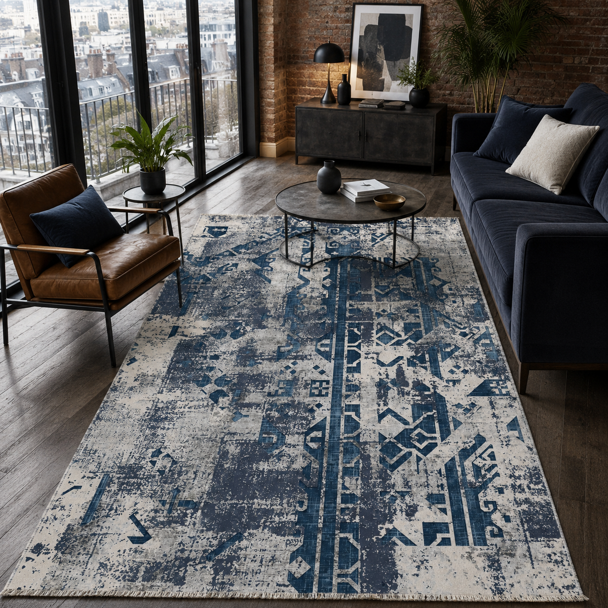 Tapis Géométrique Moderne Bleu Marine Lavable Indira, vue 8