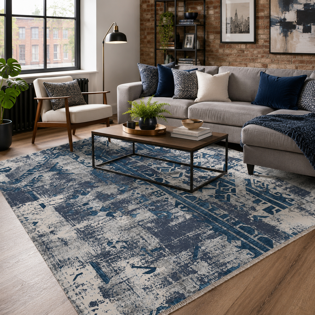 Tapis Géométrique Moderne Bleu Marine Lavable Indira, vue 9