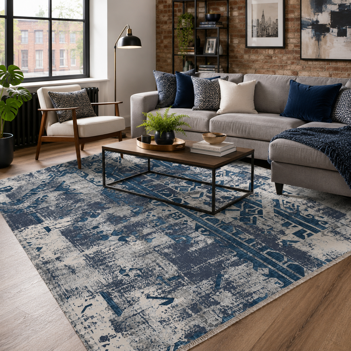 Tapis Géométrique Moderne Bleu Marine Lavable Indira, vue 9