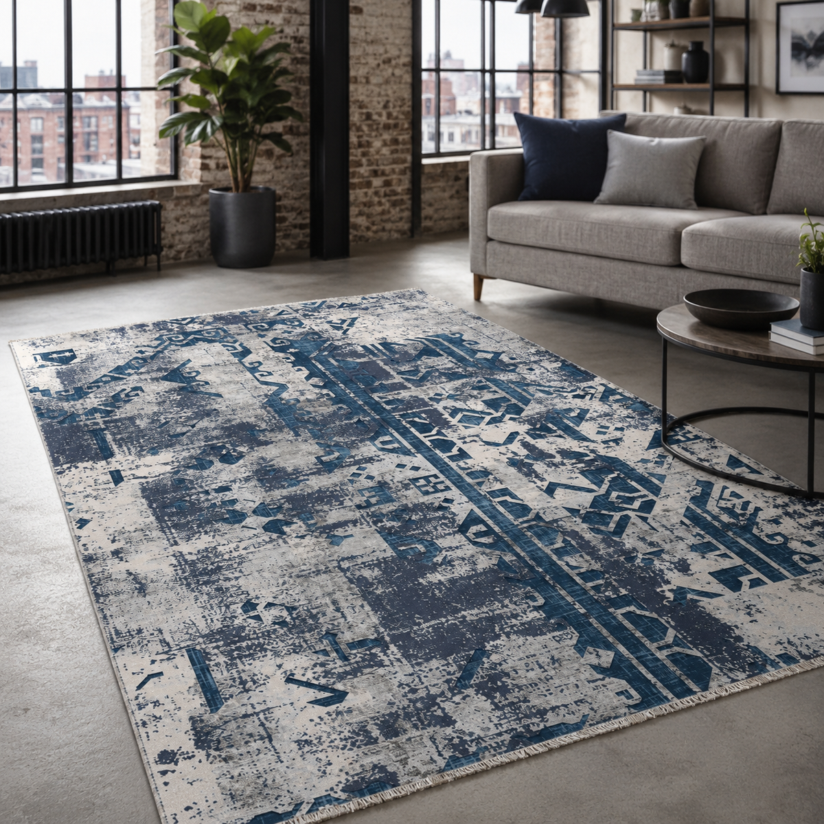 Tapis Géométrique Moderne Bleu Marine Lavable Indira, vue 10