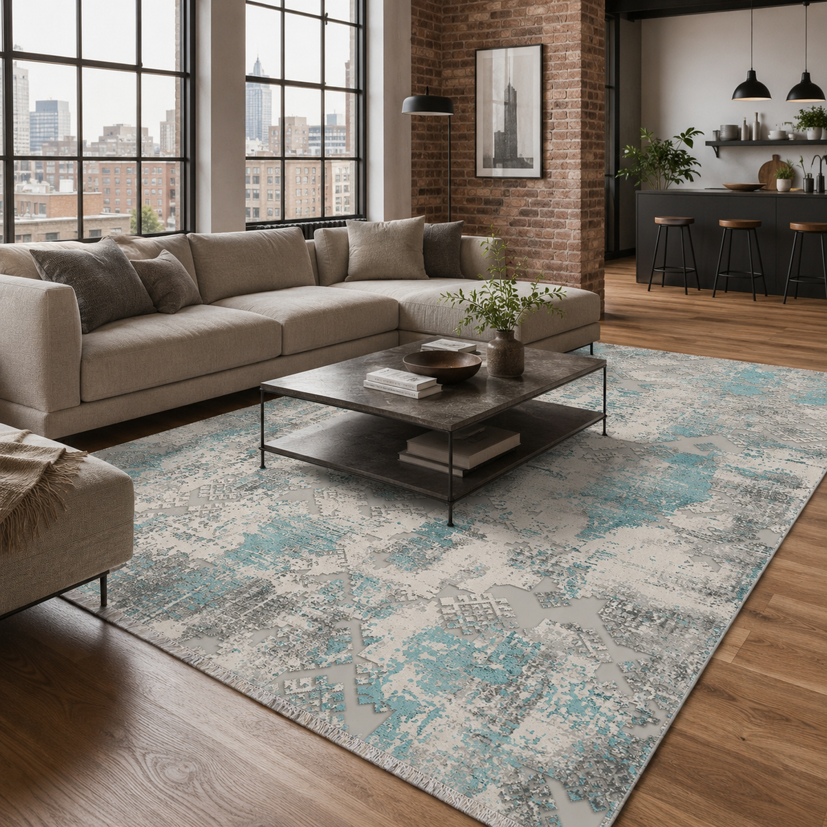 Tapis Ethnique Bleu Marine Lavable Savana, vue principale