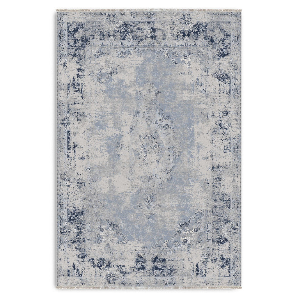 Détail du motif du tapis ethnique vintage bleu marine lavable Ginevra