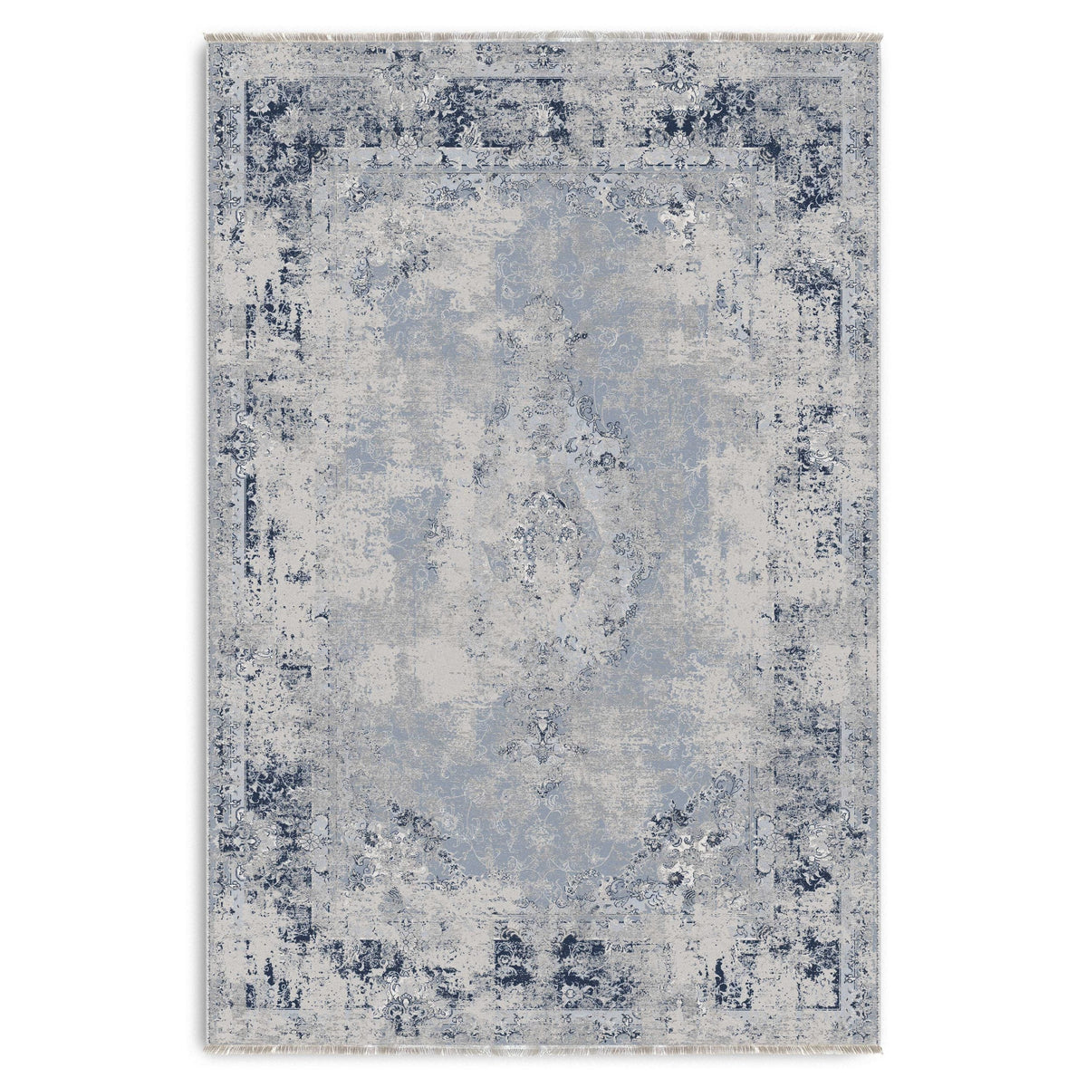 Détail du motif du tapis ethnique vintage bleu marine lavable Ginevra