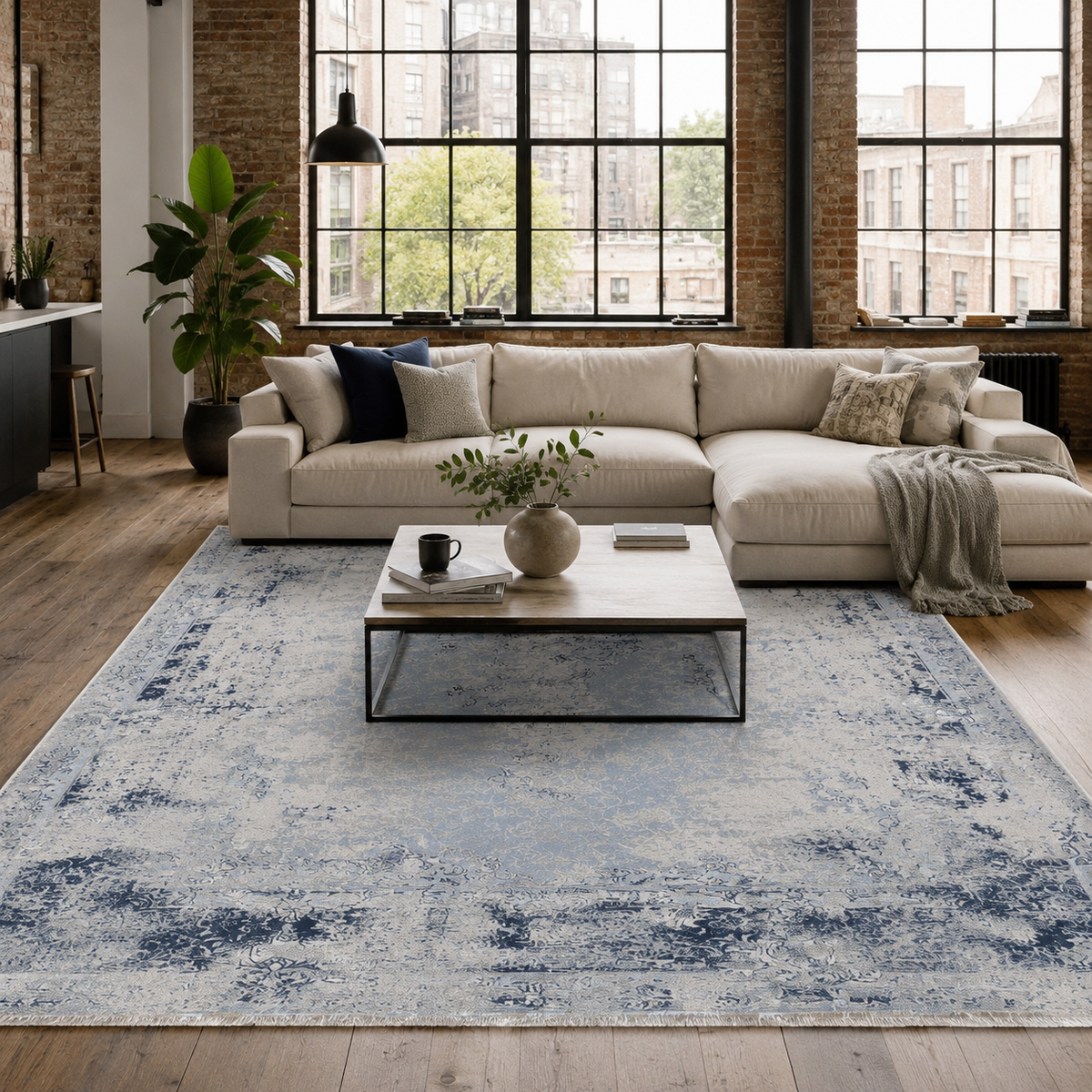 Tapis Ethnique Vintage Bleu Marine Lavable Ginevra, vue 3