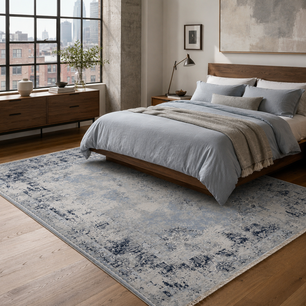 Tapis Ethnique Vintage Bleu Marine Lavable Ginevra, vue 4