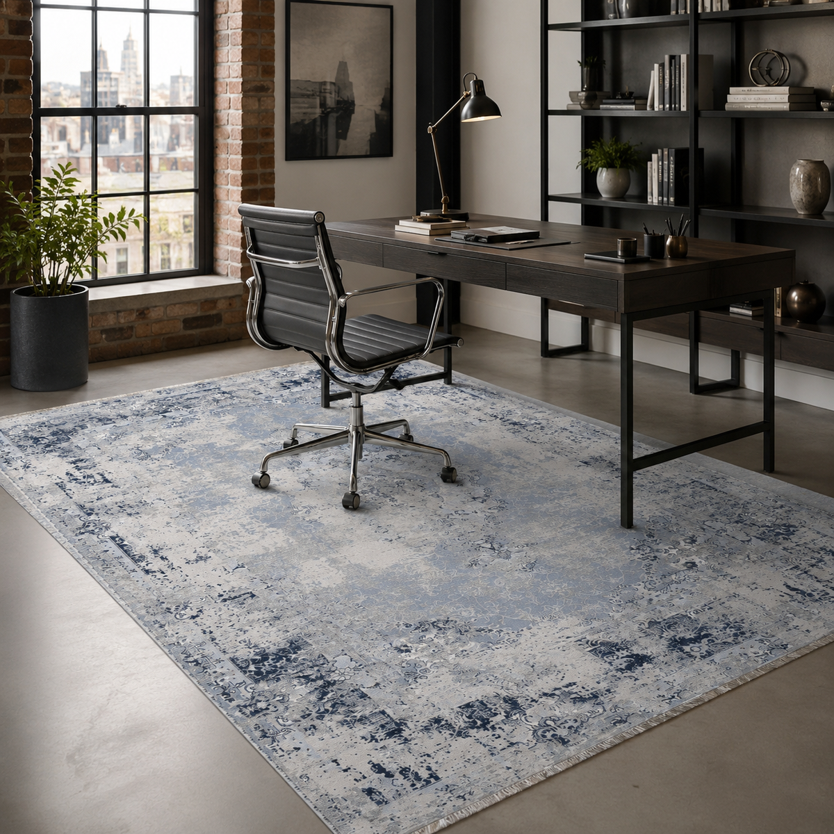 Tapis Ethnique Vintage Bleu Marine Lavable Ginevra, vue 6