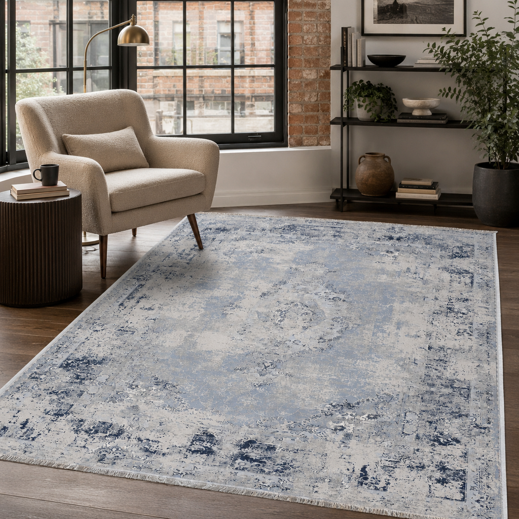Tapis Ethnique Vintage Bleu Marine Lavable Ginevra, vue 7
