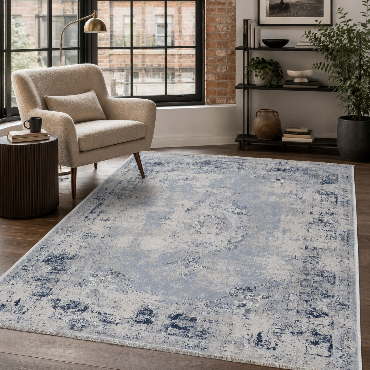 Tapis Ethnique Vintage Bleu Marine Lavable Ginevra, vue 7