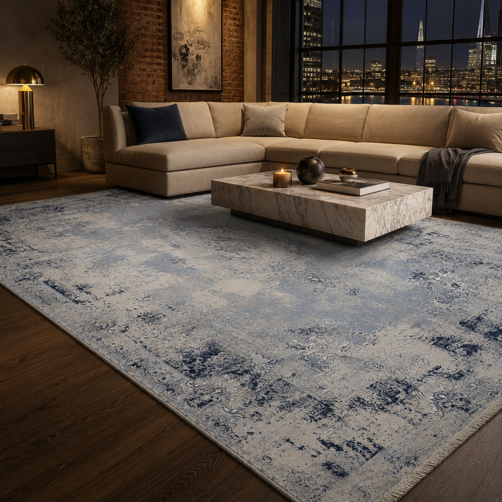 Tapis Ethnique Vintage Bleu Marine Lavable Ginevra, vue 8