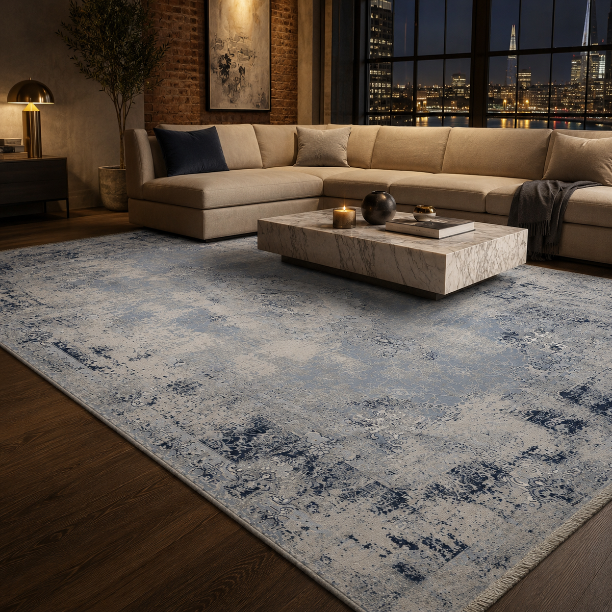 Tapis Ethnique Vintage Bleu Marine Lavable Ginevra, vue 8